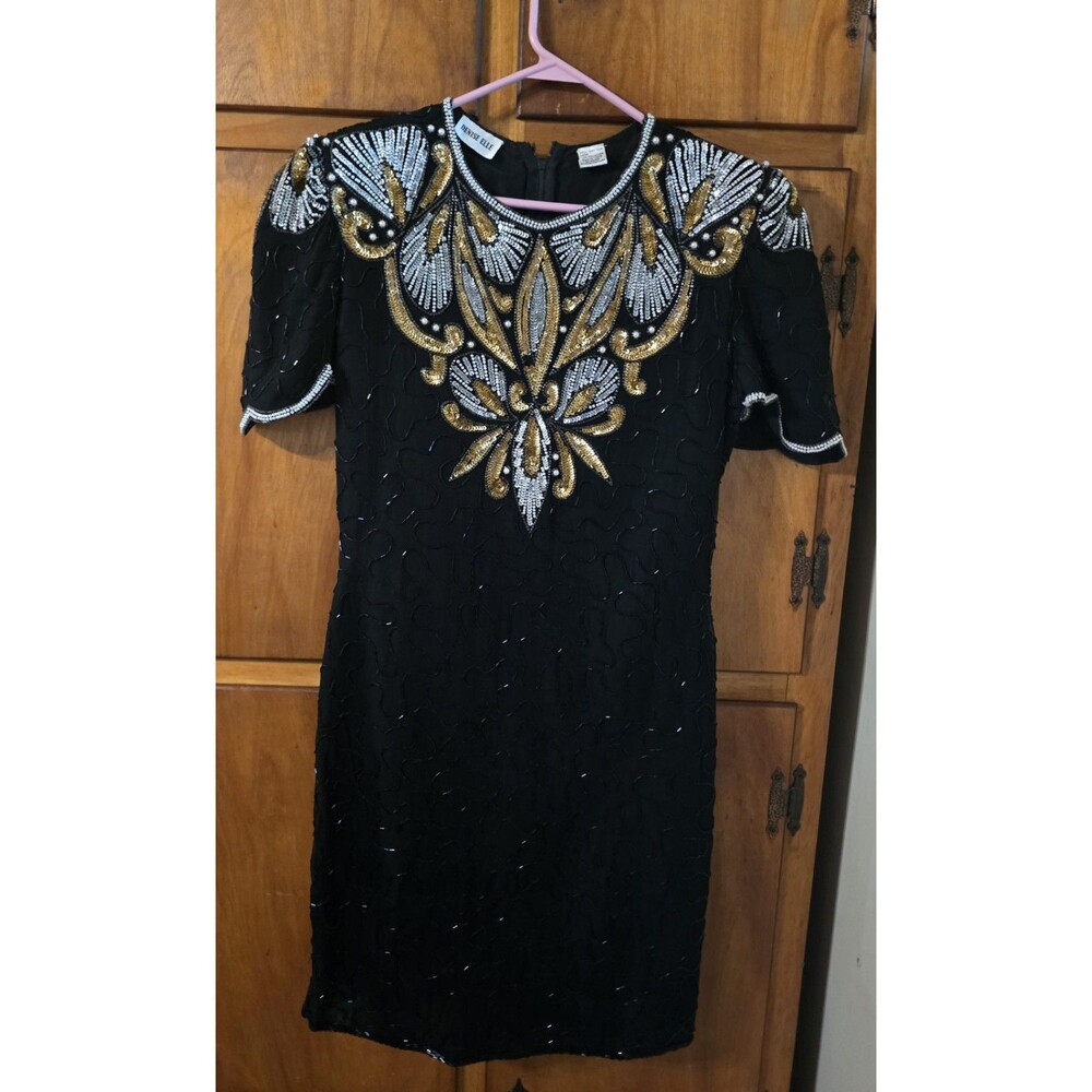 Vintage Denise Elle Black Silk Cocktail Dress Featuring Gold & Silver Beaded...